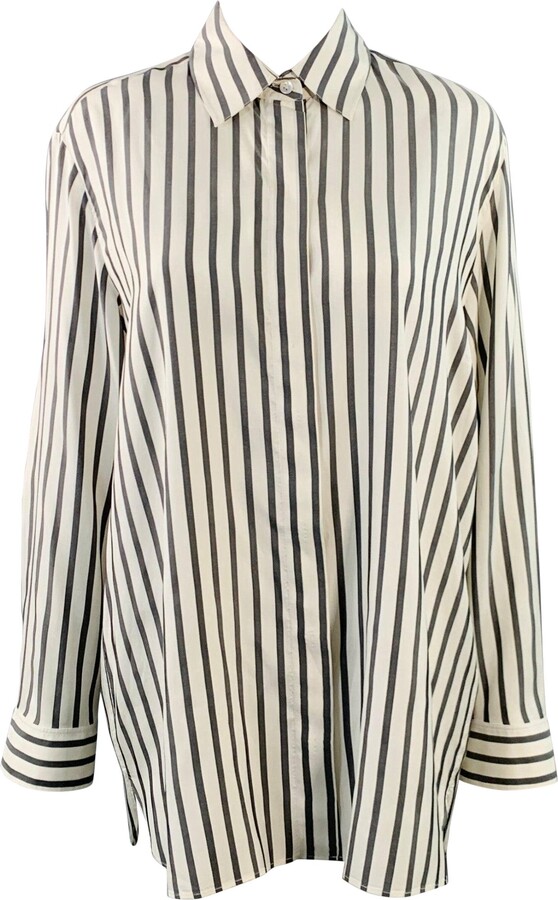 The Row Size S White Grey Silk Stripe Hidden Buttons Shirt