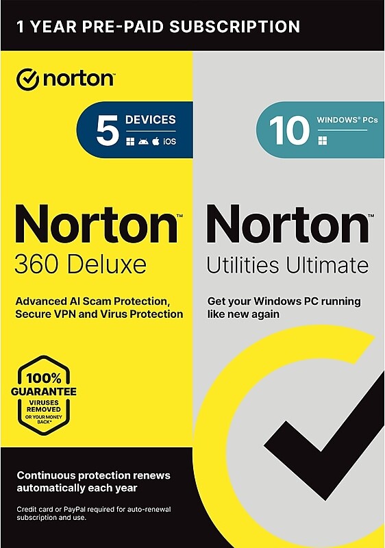 Norton Co. 360 Deluxe for 5 Devices + Utilities Ultimate Bundle, Advanced AI Scam Protection, VPN & Dark Web Monitoring