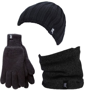 Heat Holders - Thermal Winter Fleece Cable knit Hat Neck Warmer and Gloves set for Men (S/M