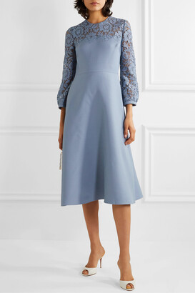 Valentino Guipure Lace-trimmed Wool And Silk-blend Crepe Midi Dress - Blue
