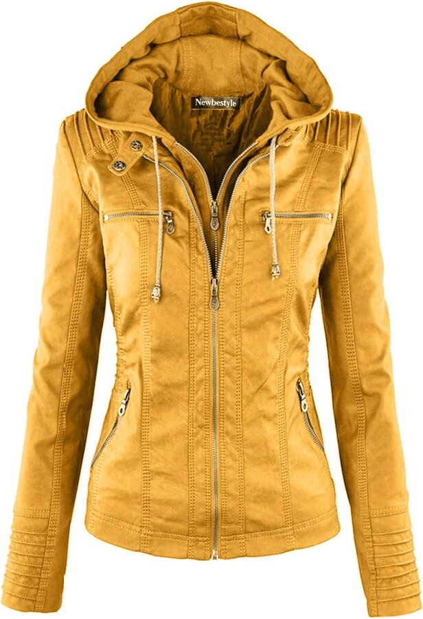 Newbestyle Faux Leather Jacket for Women Hooded Moto Biker Jacket Full Zip Pleated Overcoat Casual Coat Warm Tops 