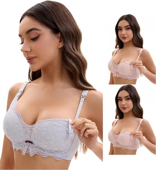 INSPIRE CHIC INSPIRECHICWomen'sNursingBraLaceVNeckWirefreeLightandBreathableMaternityBralette3Packs2LightPink+1Grey42C