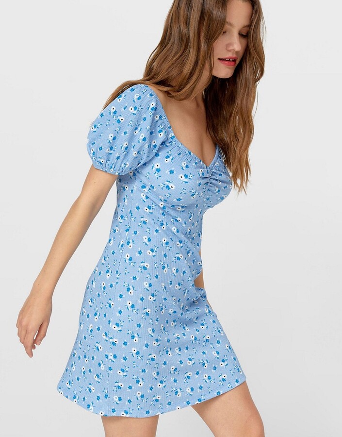 Stradivarius milkmaid mini dress in blue floral - ShopStyle