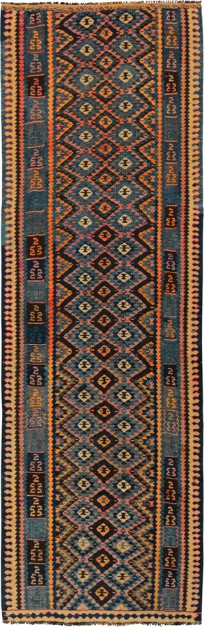 1stDibs Handwoven Vintage Turkish Kilim Runner In Gold-orange Geometric By Rug & Kilim