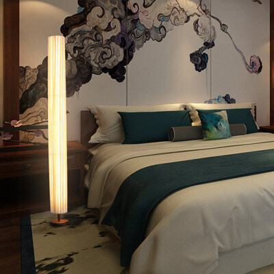 HUOMU Nut-brown Solid Wood+Fabric Round Floor Lamps