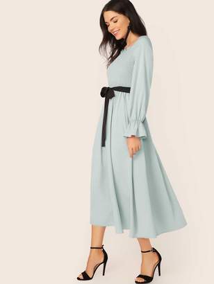 Shein Shirred Panel Raglan Flounce Sleeve Self Belted Dress