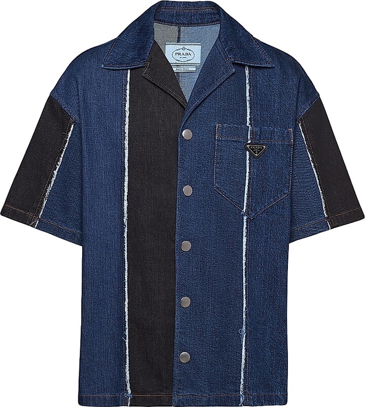 Prada Men's Double Match Striped Denim Shirt - Blue - Size Medium