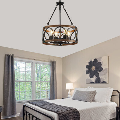 4 Lights Industrial Style Metal Hanging Lights, Semi Recessed Ceiling Lights, Country Style Drum Pendant Lights, Suitable For Dining Room, Bedroom, Fo