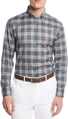 Brioni Plaid Button-Front Shirt, Green/Pink