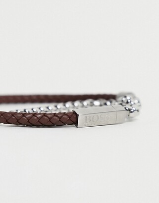 HUGO BOSS men's leather chain double wrap bracelet in black