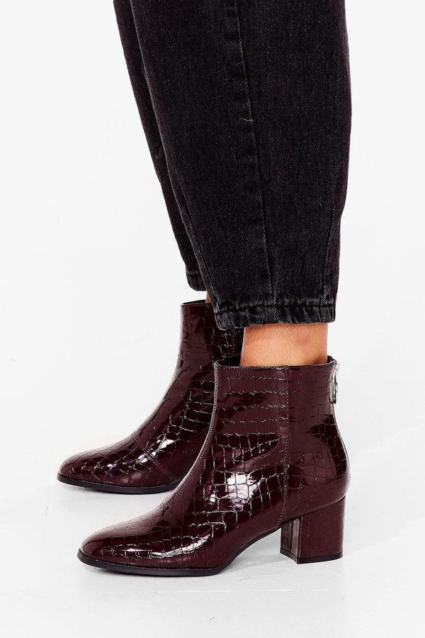 Nasty Gal Womens Croc the Boat Heeled Ankle Boots - Burgundy - ShopStyle
