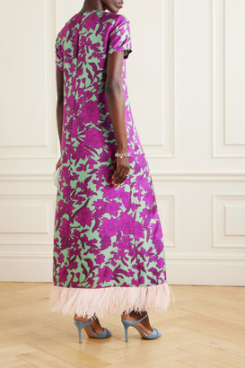 La DoubleJ Swing Feather-trimmed Floral-print Silk-twill