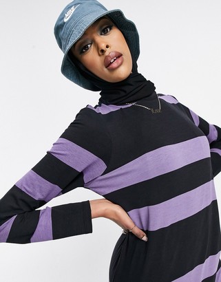 ASOS DESIGN long sleeve maxi t-shirt dress in dusty purple and black stripe
