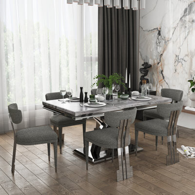 7 Piece Gorgeous Faux Marble And Gold Dining Table Set With 6 White Boucle Dining Chairs
