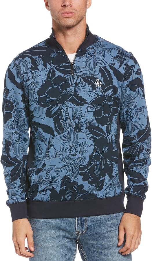 Original Penguin Mens Standard Quarter Zip Floral Print Long Sleeve Sweatshirt 