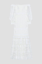 Thumbnail for your product : Badgley Mischka Off-the-shoulder bow-embellished guipure lace gown
