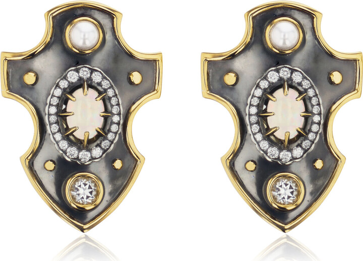 Elie Top Ecu 18K Yellow Gold Distressed Silver Opal Earrings