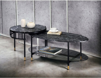 Ivy Bronx 2 Nesting Tables With Stylish Design And Engineered Stone Tops Top In Black Metal Caps On Legs