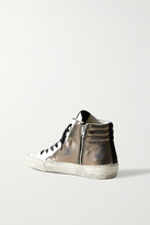 Thumbnail for your product : Golden Goose Slide Distressed Suede-trimmed Leather And Lurex High-top Sneakers - Metallic