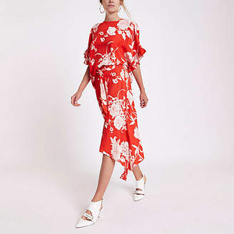 River Island Womens Red floral print asymmetric split hem skirt