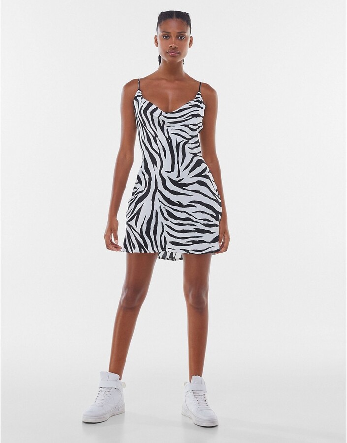 Bershka satin mini zebra print dress in mono - ShopStyle