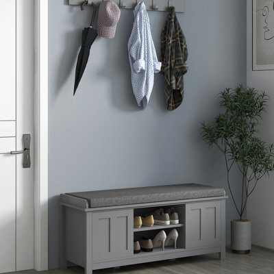 Gray Shoe Bench With Cushion And Sliding Doors, 10 Pairs, Entryway Furniture, Adjustable Shelves, Pairs Storage Bench, Gray, & Entryway, Strong Constr