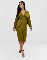 Thumbnail for your product : ASOS Petite DESIGN Petite midi dress with batwing sleeve and wrap waist in satin