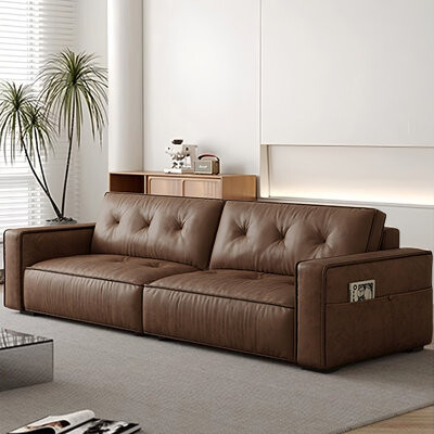 Hokku Designs Modern and simple cat paw leather folding caramel-colored sofa and bed dual-purpose small-sized living room with variable bed and retro style