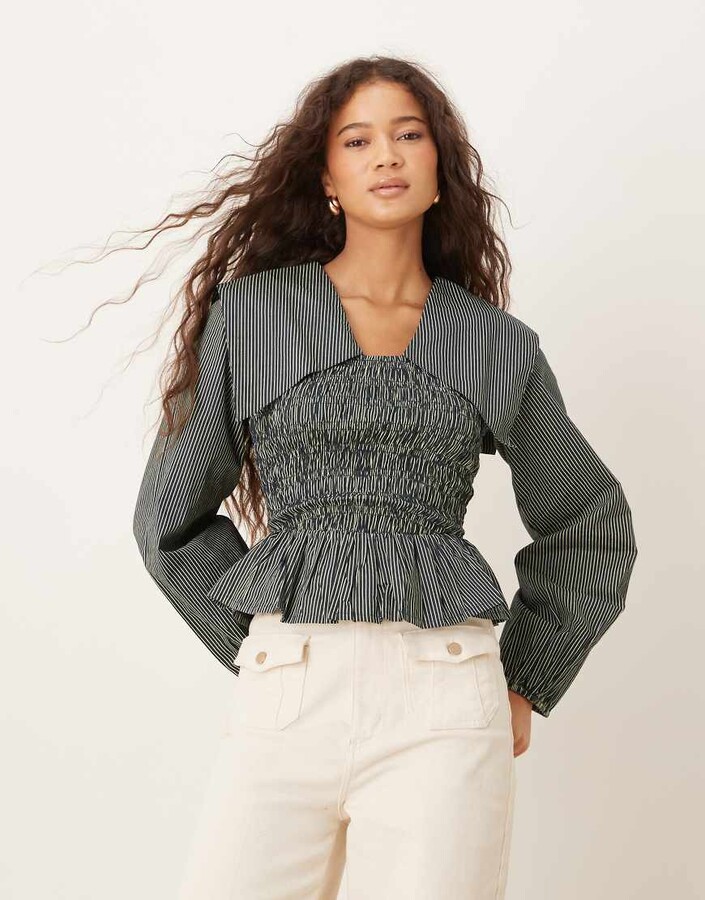 Neon Rose oversized collared striped shirred long sleeve top in navy/butter yellow stripe