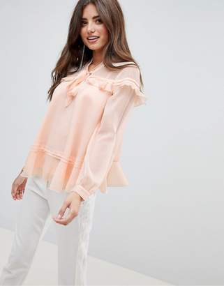 ASOS Design DESIGN Ruffle long sleeve Blouse With Pussybow