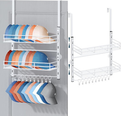 Rebrilliant 3 Tier Wall Mounted Hat Rack With 2 Adjustable Metal Basket And 10 Movable Clips, Baseball Cap Organizer Storage Up To 30 Caps For Door, Bedroom, Clos
