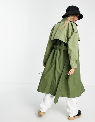 Bershka back detail trench coat in khaki - ShopStyle