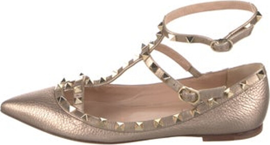 Valentino Leather Ballet Flats Neutrals Rockstud Accents Pointed-Toes with Studded Accents Multistrap & Buckle Closure at Ankles Designer