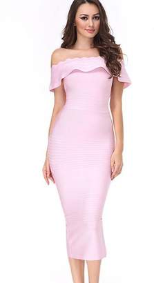 UONBOX Womens Fluted Mid-Calf Off Shoulder Party Bodycon Bandage Dress with Back Split