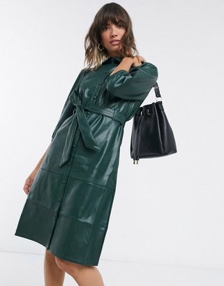 Vero Moda leather look midi dress with belted waist in dark green