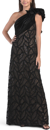 TJMAXX One Shoulder Rosette Gown With Lace Skirt For Women, Spandex/Polyester