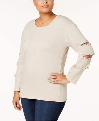 Almost Famous Trendy Plus Size Beaded Cutout-Sleeve Sweatshirt