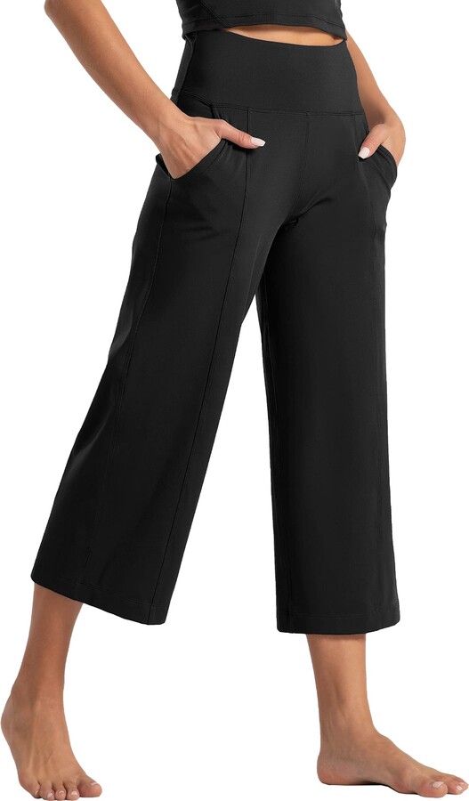 Cakulo Women's Yoga Lounge Capris Jersey Dress Pants Open Bottom Crop Straight Wide Leg Cotton Casual Sweat Pants with Pocket