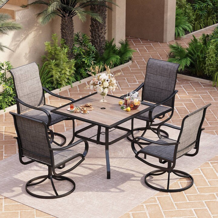 5pc Patio Set with Square Table & Steel 360 Swivel Sling Arm Chairs