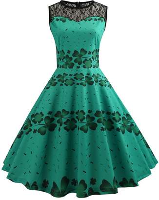 Là Vestmon Women’s St. Patrick's Day Sleeveless Lace Dress Clover Print A Line Dress