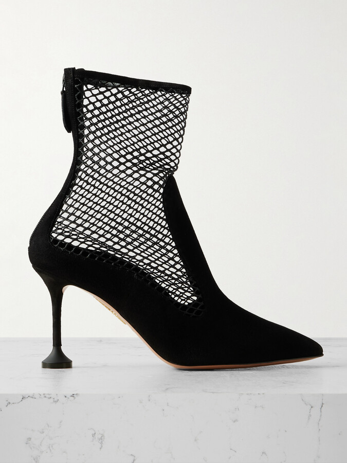 Aquazzura Dawn 85 Fishnet-trimmed Suede Ankle Boots - Black