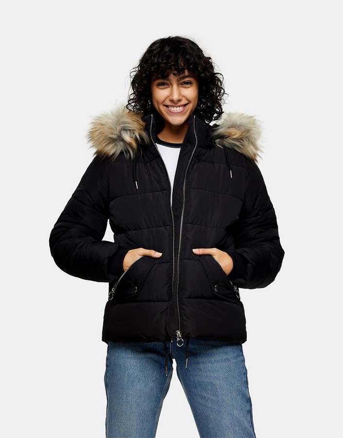 Topshop faux fur trim puffer jacket in black - ShopStyle