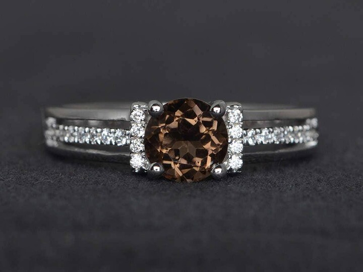 Etsy Round Cut Smoky Quartz Ring Crystal Brown Gemstone Engagement Sterling Silver
