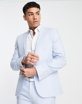 ASOS DESIGN wedding super skinny suit jacket in linen mix blue puppytooth check