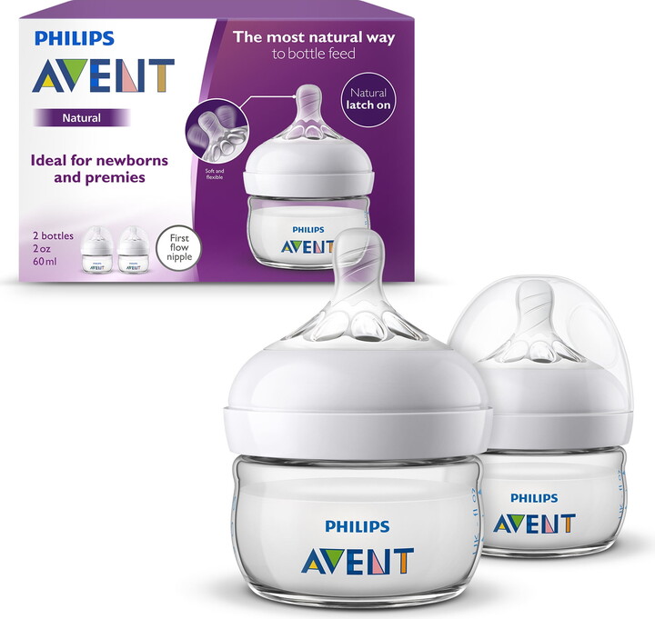 Philips Natural Baby Bottles, with First Flow Nipple, 2oz, 2 Pack, SCF019/25