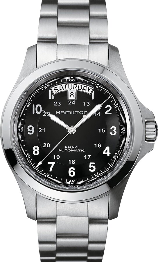 Hamilton Watch Khaki Field King Auto | Swiss Made | 40mm Stainless Steel Case | Black Dial Analog Watch | Silver Stainless Steel Bracelet (Model: H64455133)
