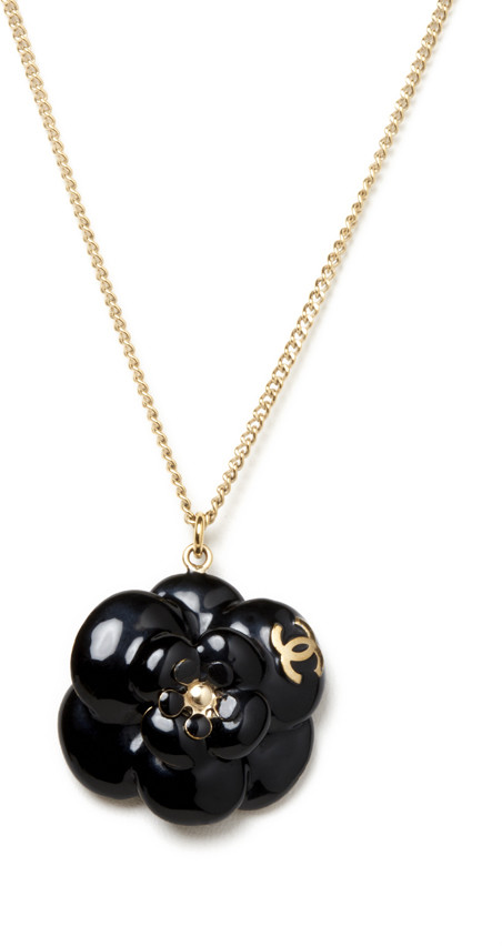 Chanel Black CC Enamel Camellia Charm Pendant Necklace