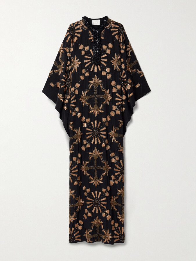 Johanna Ortiz - Golden Hour Embellished Embroidered Silk Crepe De Chine Maxi Dress - Black