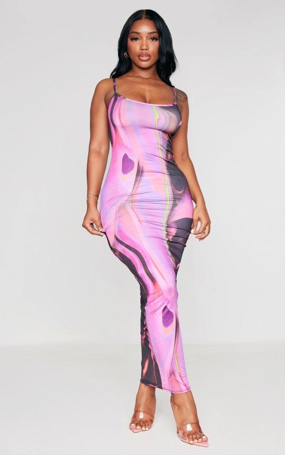 Shape Pink Abstract Print Slinky Spaghetti Strap Midaxi Dress