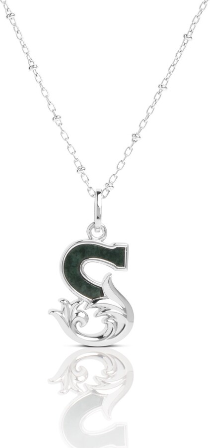 Kasun Solid Silver S Initial Necklace With Green Marble